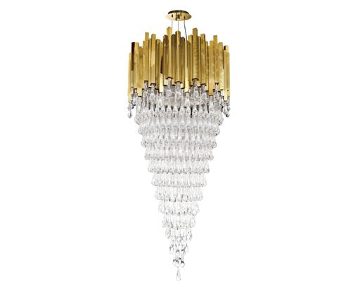 Tall tiered chandelier with polished gold frame and cascading clear crystal drops for heigh ceilings